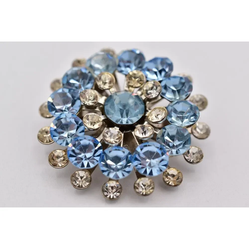 Vintage Sky Blue Rhinestone Starburst Brooch Crystal Silver Floral Pin 50s BinBI